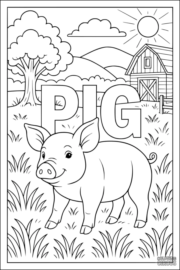 Coloring page showing a smiling piglet on a sunny farm with a barn and tree in the background