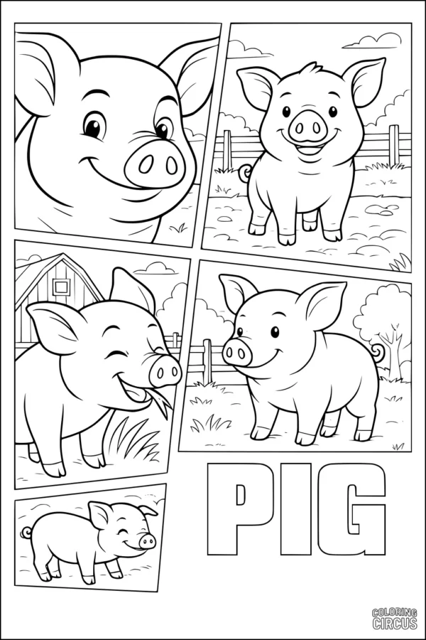 Coloring page showing cute smiling pig in different farm scenes with barn and grass