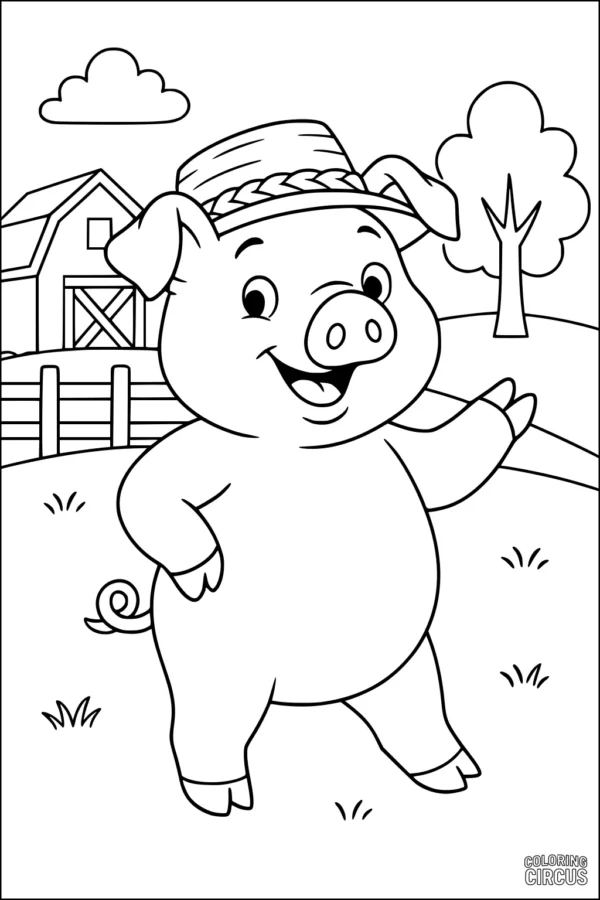 Coloring page featuring a friendly cartoon pig in a straw hat standing on a farm with barn, fence, and tree