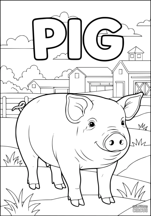 Coloring page of a smiling pig on a farm with barn, fence, and clouds in the background