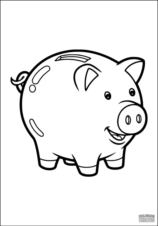 Coloring page featuring a smiling cartoon piglet with a coin slot on its back, suitable for young kids