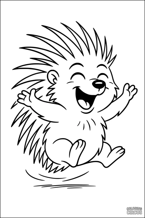 Coloring page of a cute cartoon porcupine jumping with a big smile and open arms
