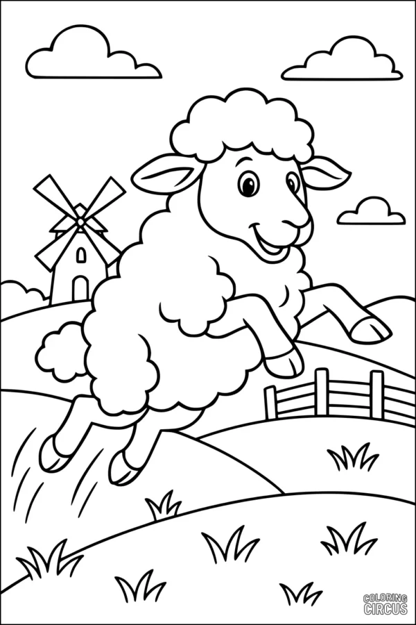 Coloring page with a smiling sheep jumping over grassy hills, windmill and clouds in background