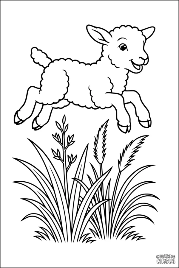 Coloring page of a smiling sheep jumping above tall grass in a field