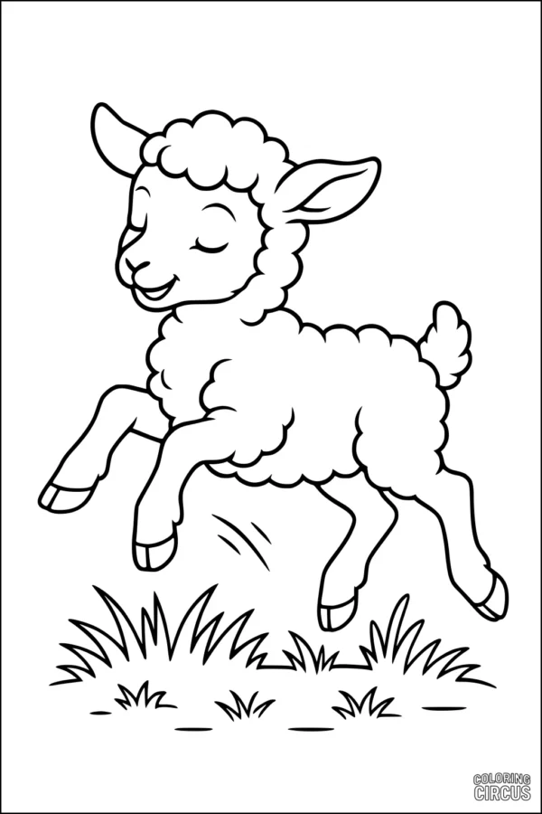 Coloring page of a cheerful lamb hopping in grassy meadow, simple style for kids