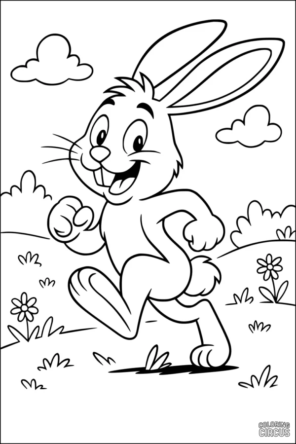 Coloring page featuring a smiling cartoon rabbit running in a meadow with flowers and clouds