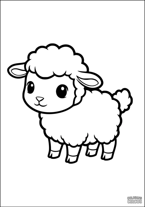 Coloring page showing a cute cartoon sheep with big eyes and fluffy wool, perfect for young children