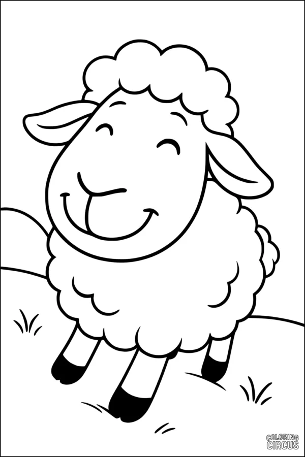 Coloring page of a smiling cartoon sheep in a grassy meadow, designed for young children.