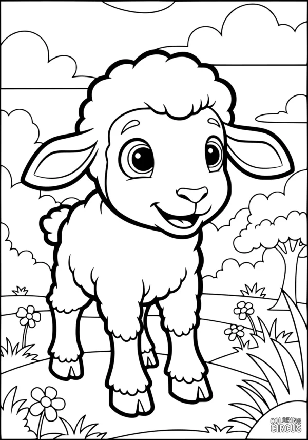 Coloring page featuring a cheerful cartoon sheep in a meadow with flowers and a tree under a cloudy sky