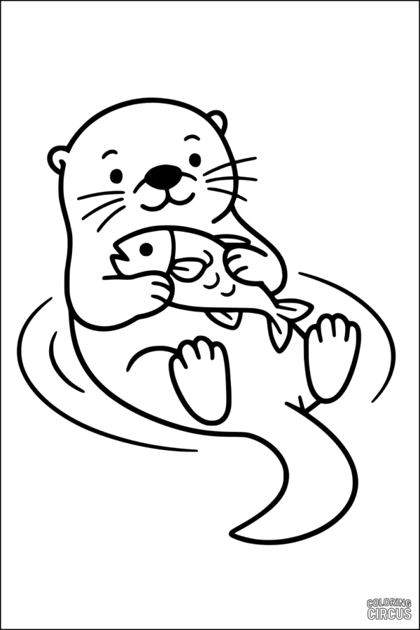 Coloring page of a cute otter holding a fish while floating on its back, designed for children