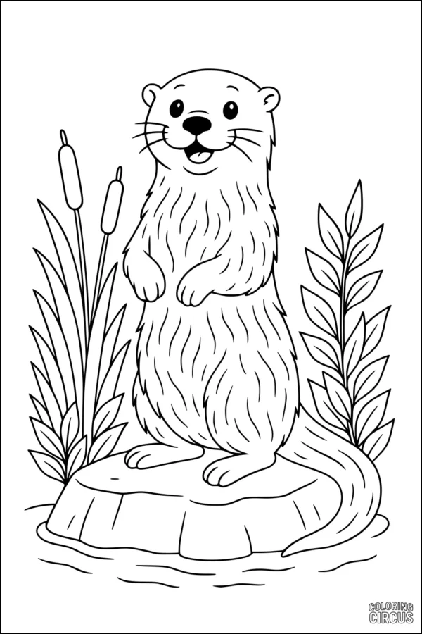Coloring page of a cheerful otter standing on a rock by the pond, with cattails and leafy plants.