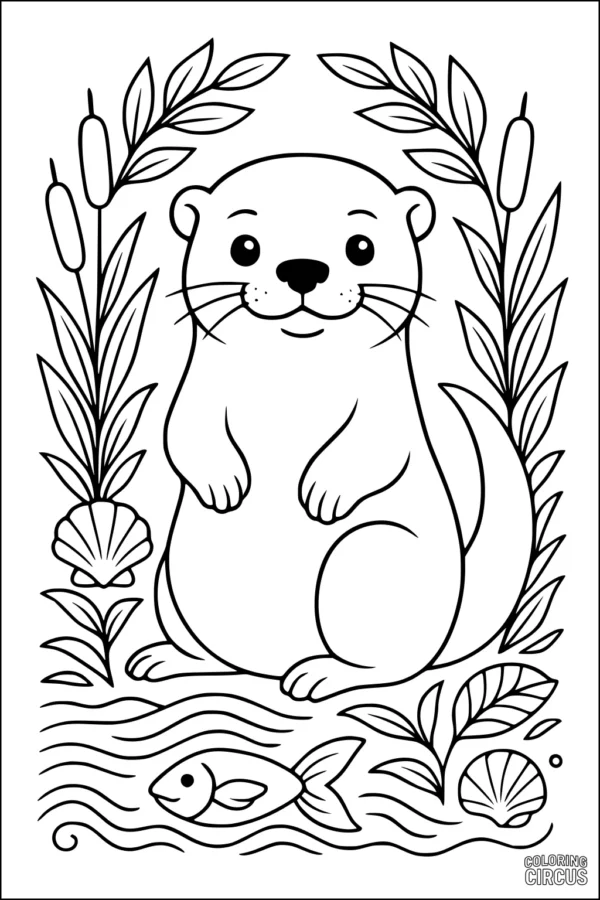 Coloring page showing a cute otter sitting by a river with fish, reeds, and shells