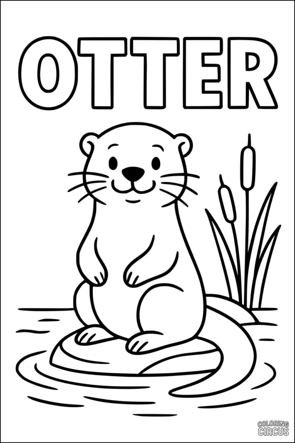Coloring page of a cute otter sitting on a rock by water with reeds