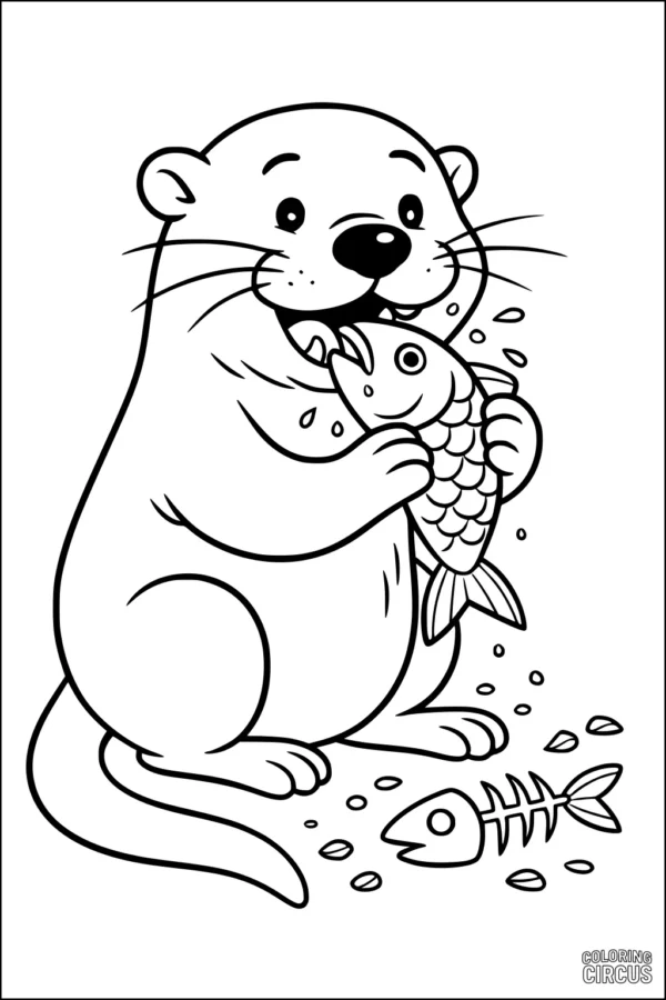 Coloring page featuring a cute otter holding a fish by a riverbank
