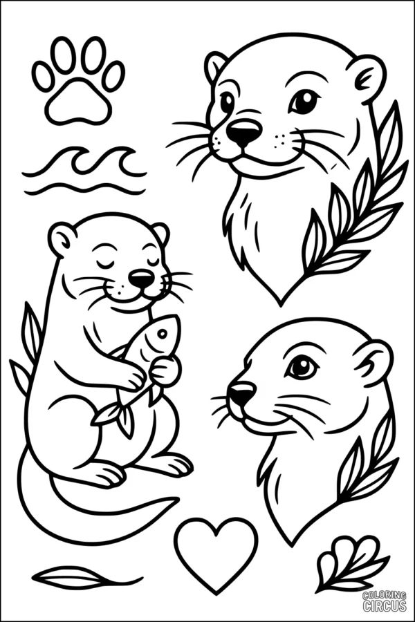 Coloring page with cartoon otters, playful fish, leaves and river shapes for kids