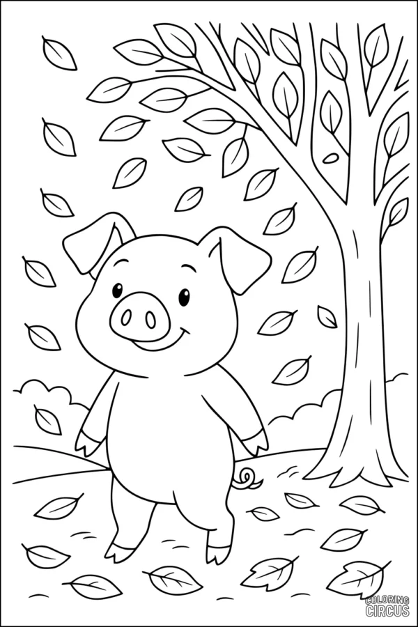 Coloring page with a smiling pig under a tree with falling leaves