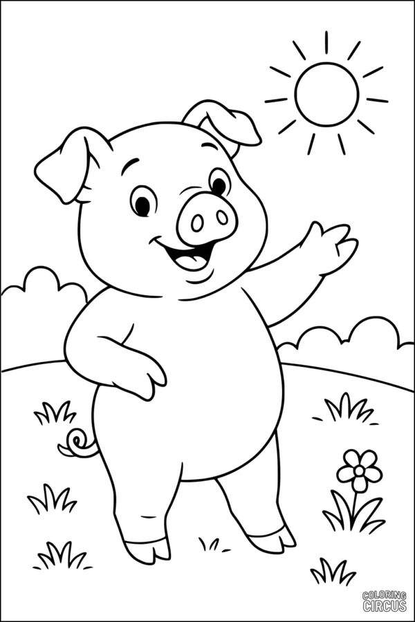 Coloring page featuring a smiling cartoon pig standing in a sunny meadow with flowers