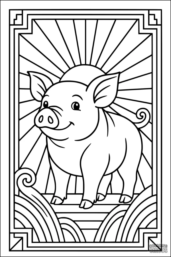 Coloring page of a smiling pig with the sun rising behind, surrounded by decorative waves and a geometric border.