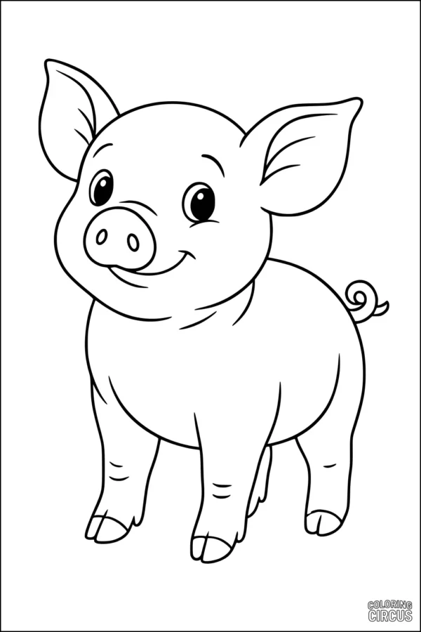 Coloring page of a cheerful cartoon piglet with a curly tail, standing and smiling