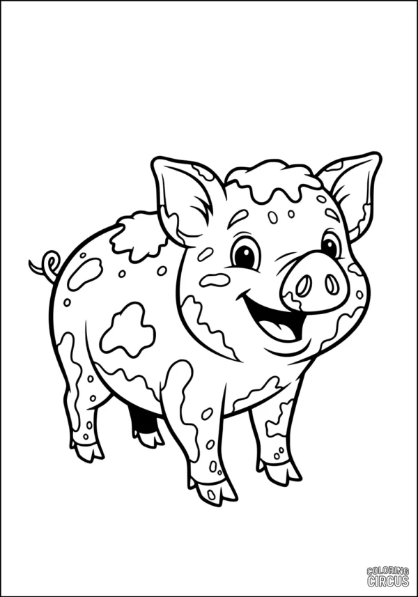 Coloring page showing a smiling cartoon piglet with patches and a curly tail