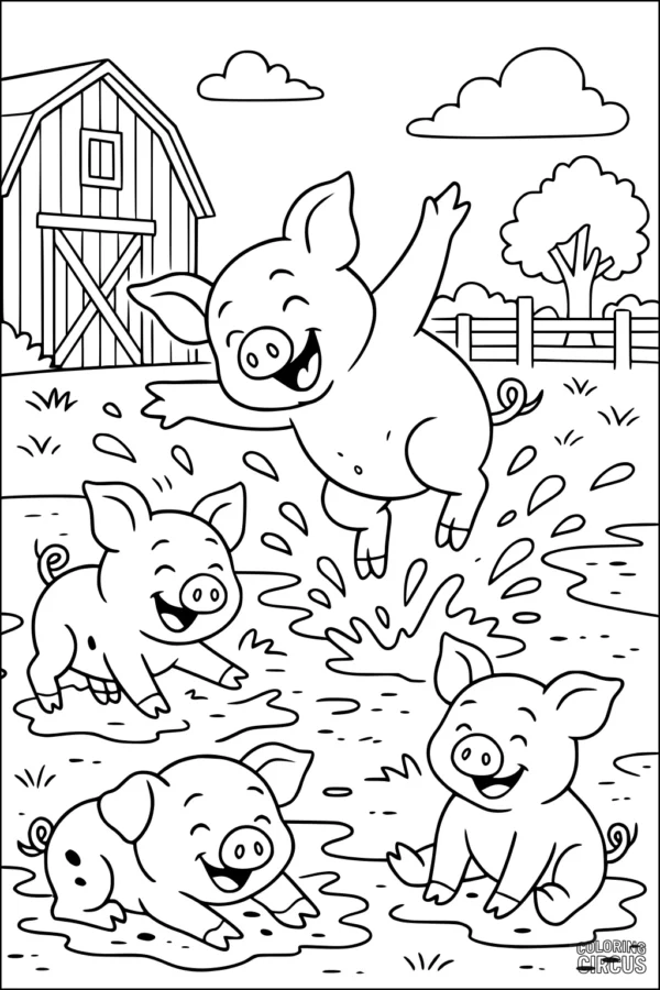 Coloring page with four cartoon piglets playing in the mud on a farm with a barn and trees