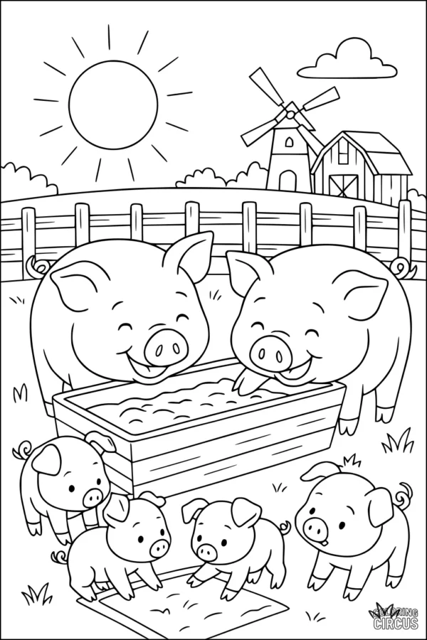 Coloring page of a cute pig family enjoying a sunny day on the farm with windmill and barn in the background