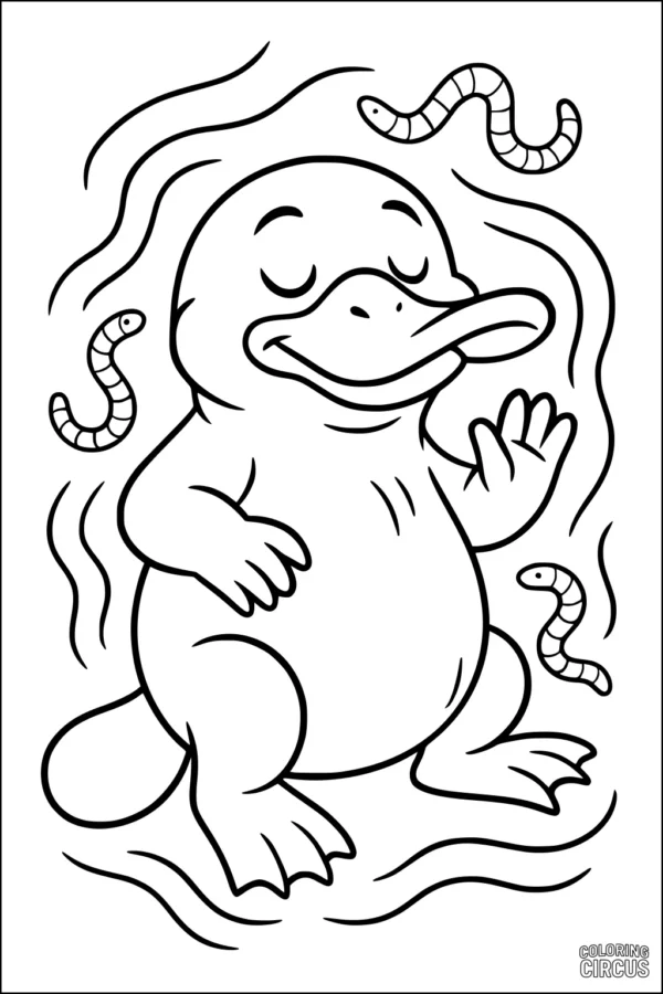 Coloring page of a cute platypus waving in river with worms around