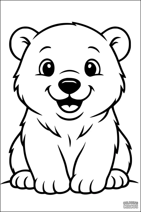 Coloring page featuring a smiling cartoon polar bear cub sitting and facing forward