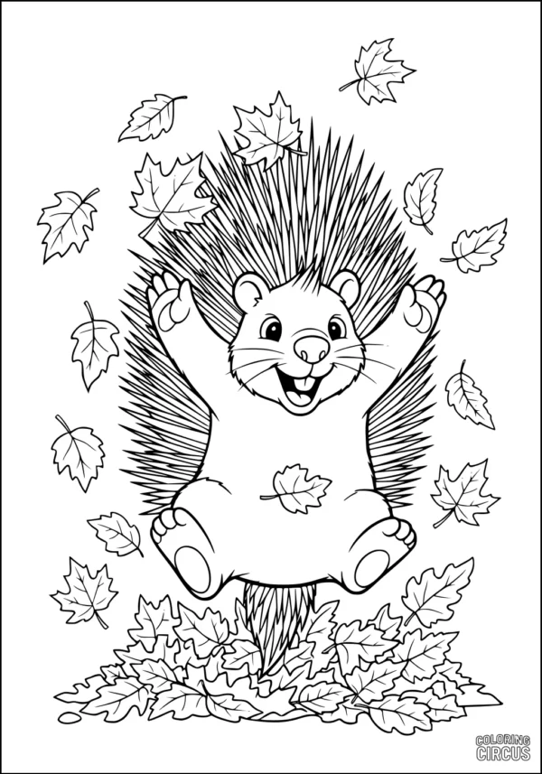 Coloring page of a smiling cartoon porcupine jumping into a pile of autumn leaves, surrounded by maple leaves