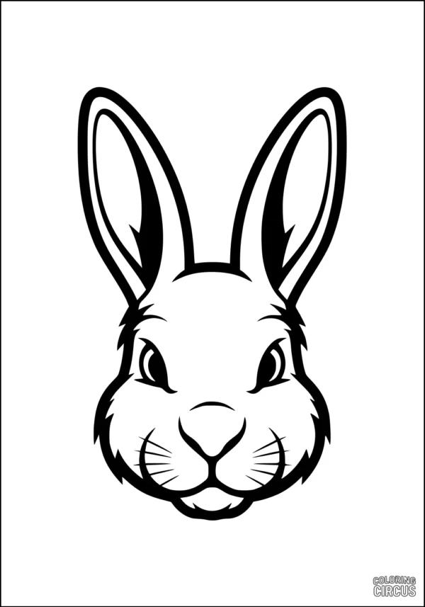 Coloring page showing the face of a cartoon rabbit with large ears and a friendly expression