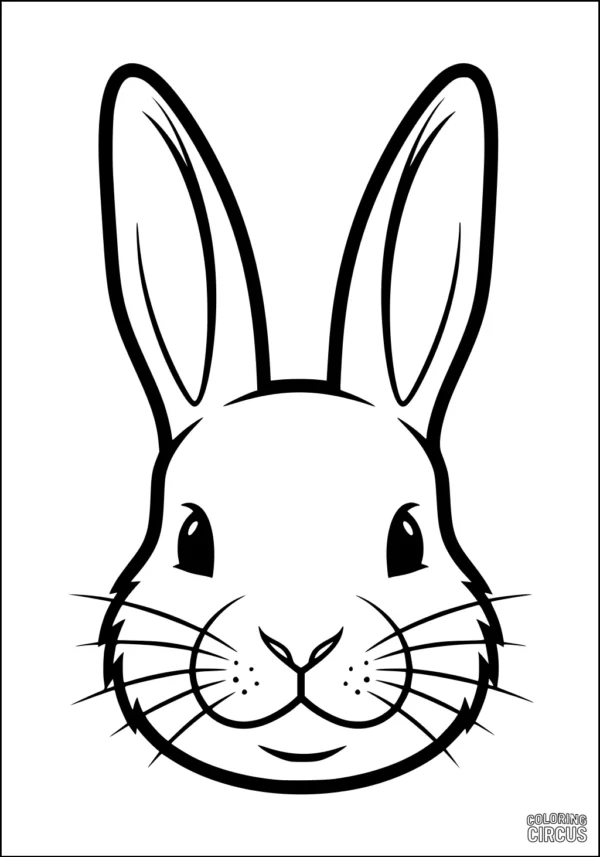 Coloring page showing a simple cartoon rabbit face with large ears and a friendly smile