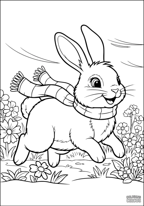Coloring page of a smiling rabbit wearing a striped scarf running in a flowery meadow