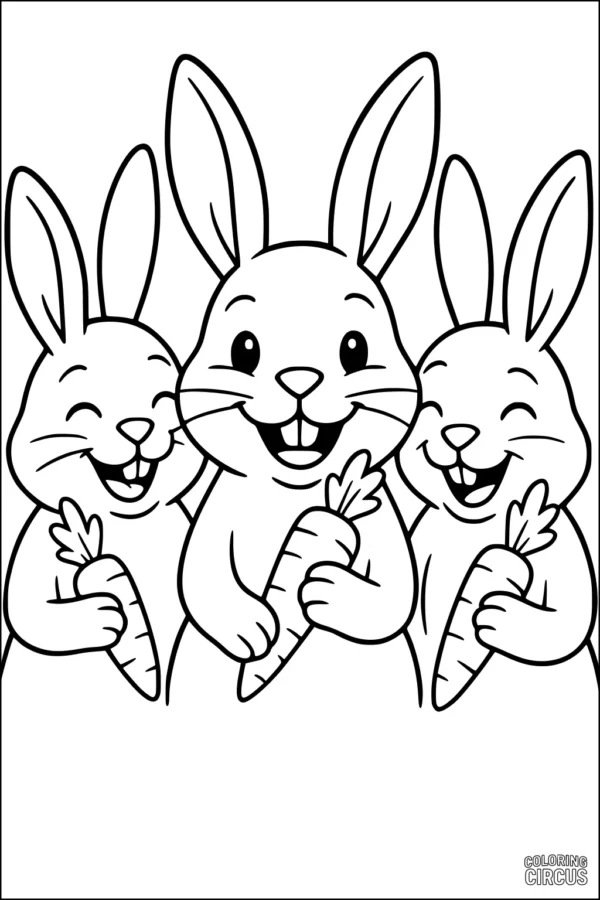 Coloring page featuring three cartoon rabbits smiling and holding carrots