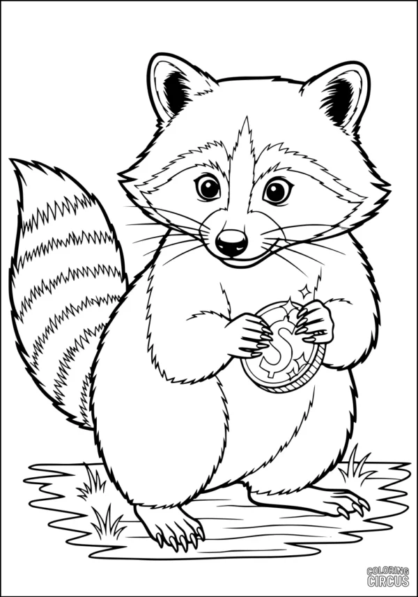 Coloring page of cute raccoon holding coin in grassy meadow