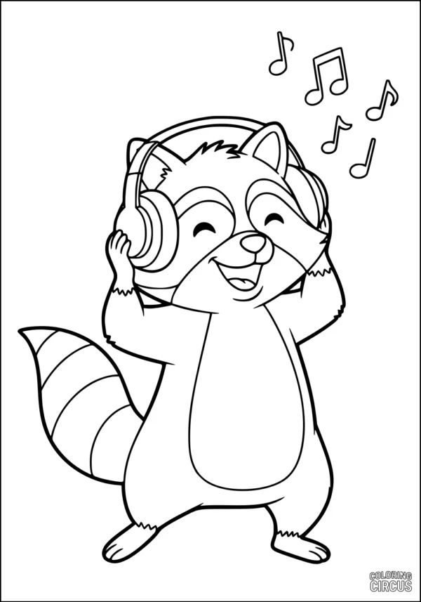 Coloring page featuring a smiling raccoon wearing headphones and enjoying music notes
