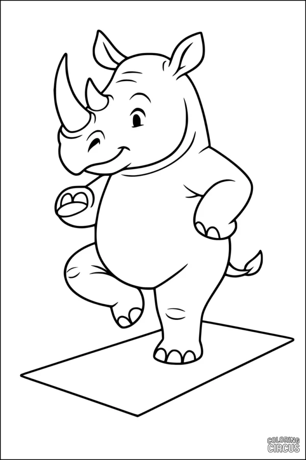 Coloring page showing a cute cartoon rhinoceros balancing on one foot.