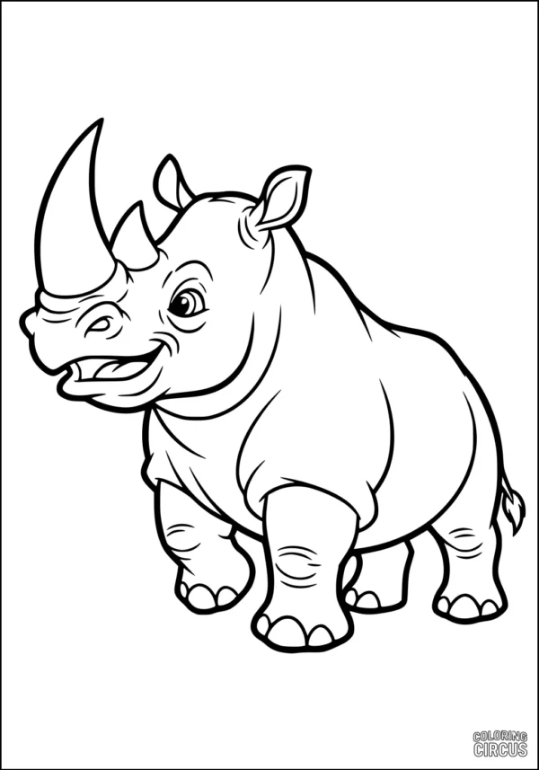 Coloring page of a smiling cartoon rhinoceros with large horns, standing and looking cheerful