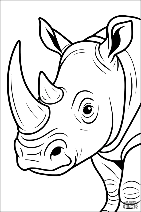 Coloring page featuring a friendly rhinoceros with large horn and expressive face