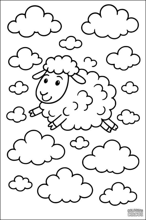 Coloring page featuring a cute sheep jumping among fluffy clouds
