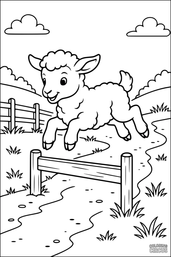 Coloring page of a cute sheep jumping over a fence in a grassy country landscape