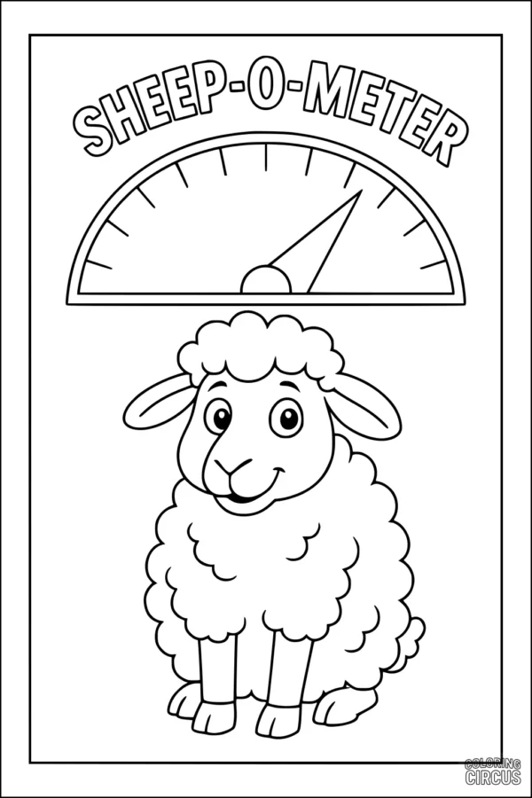 Coloring page showing a cartoon sheep sitting under a Wool-O-Meter gauge