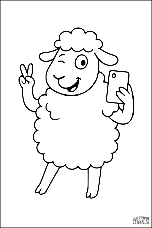 Coloring page featuring a cartoon sheep taking a selfie and making a peace sign