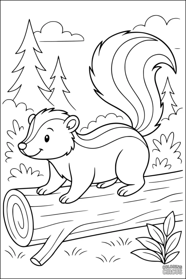 Coloring page showing a cute skunk standing on a log in a forest with trees and bushes in the background