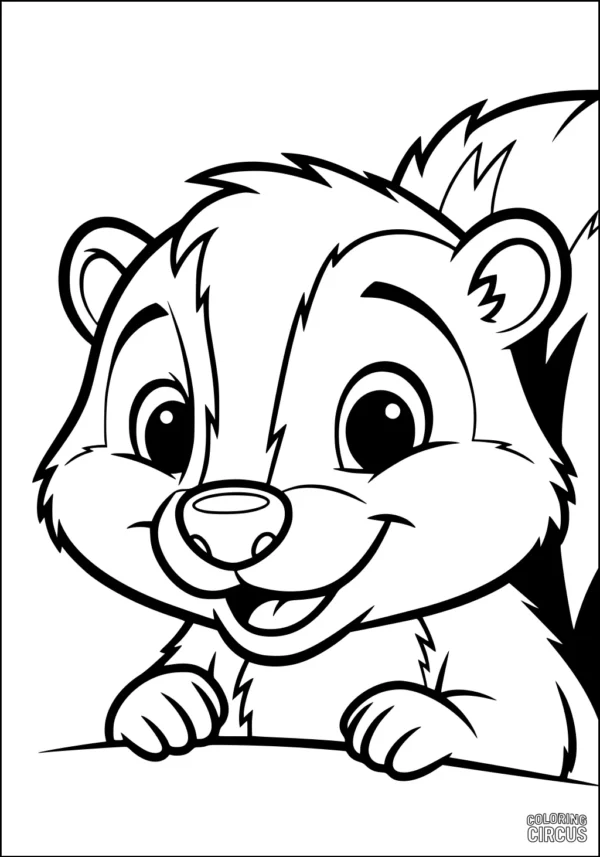 Coloring page featuring a cute cartoon skunk with a big smile and bushy tail