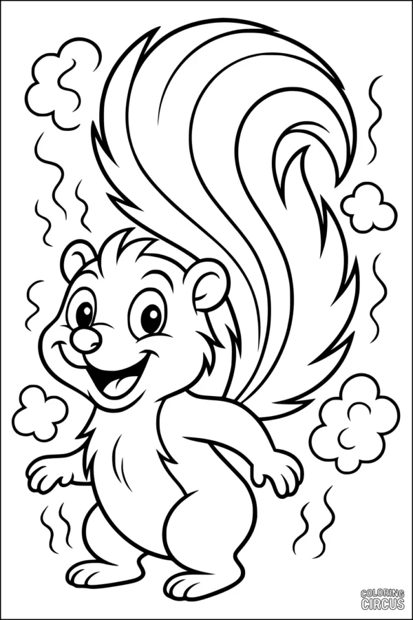 Coloring page featuring a smiling cartoon skunk with fluffy tail and puffs in a playful pose