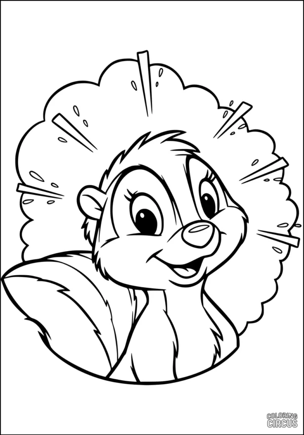 Coloring page featuring a cheerful cartoon skunk with a fluffy tail and playful background