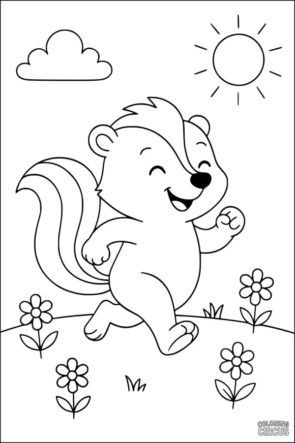Coloring page featuring a cartoon skunk walking in a sunny meadow with flowers, suitable for young children