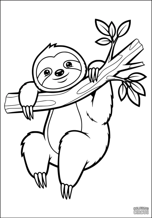 Coloring page of a cute sloth hanging from a tree branch with leaves