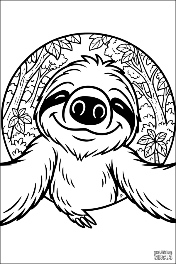 Coloring page featuring a smiling cartoon sloth with outstretched arms in a lush rainforest background