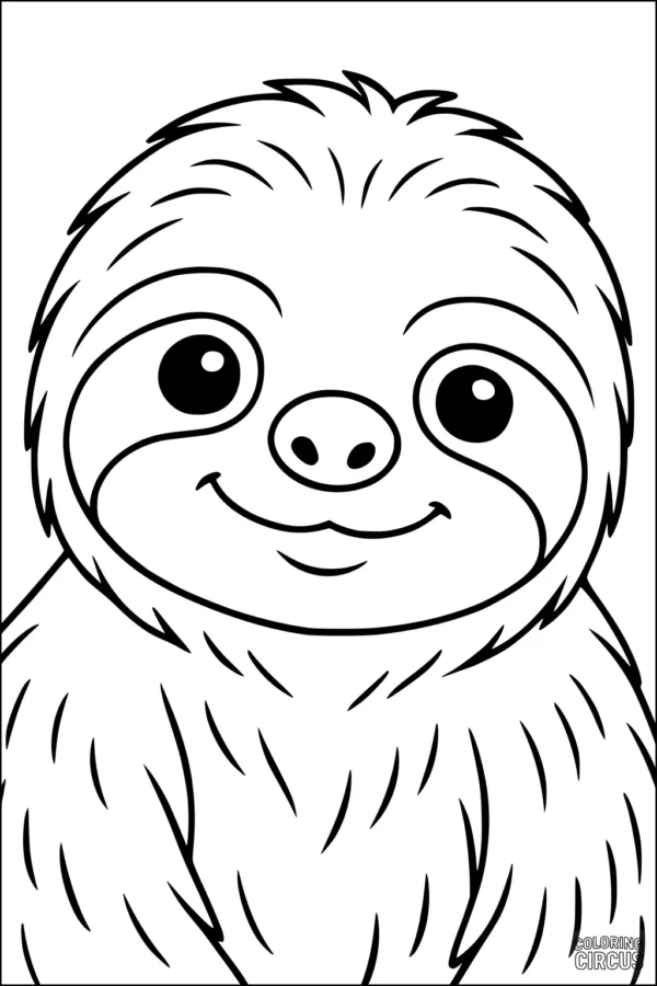 Coloring page of a smiling cartoon sloth with big eyes and fluffy fur
